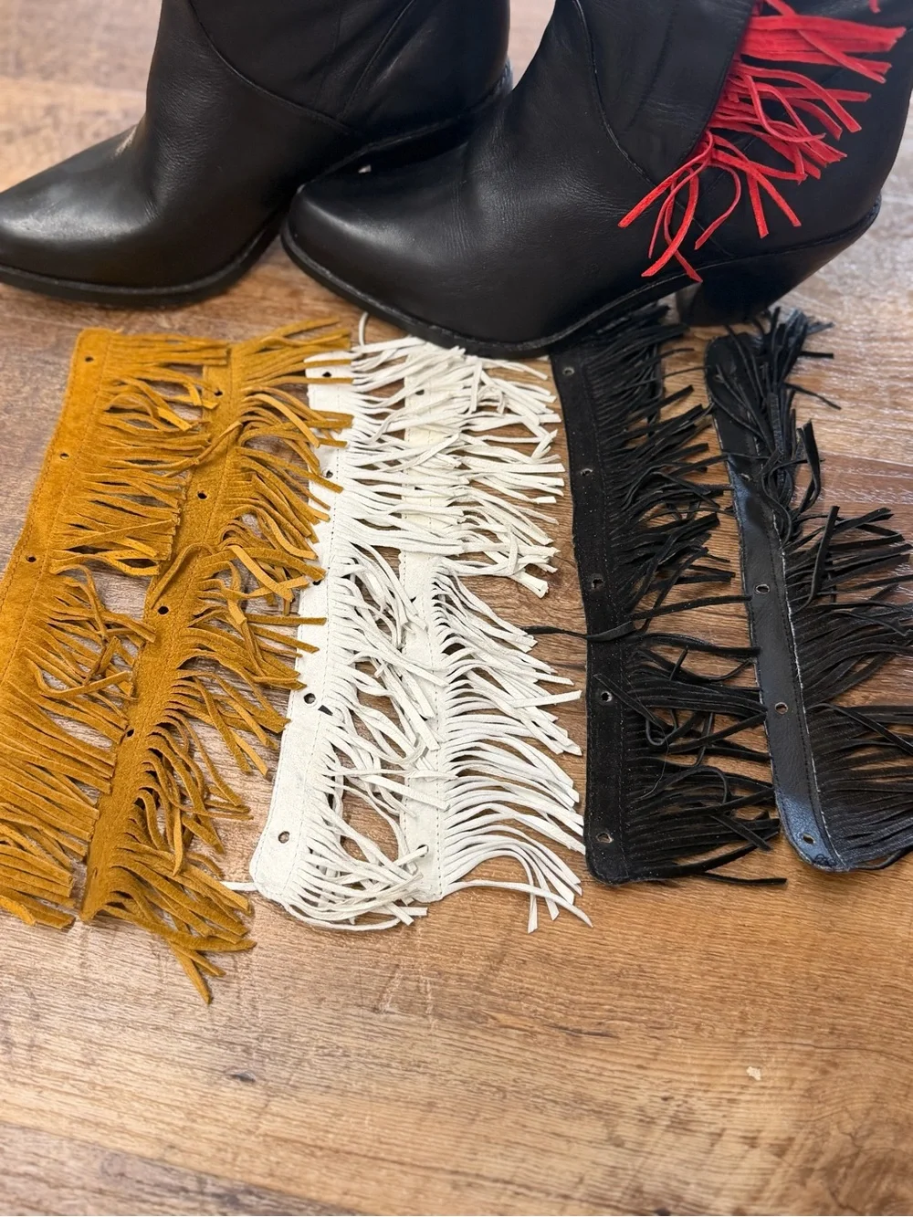 Dingo Vintage Women’s Black Leather snap on Fringe Boot - multi color fringe